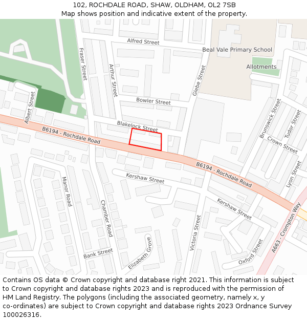 102, ROCHDALE ROAD, SHAW, OLDHAM, OL2 7SB: Location map and indicative extent of plot