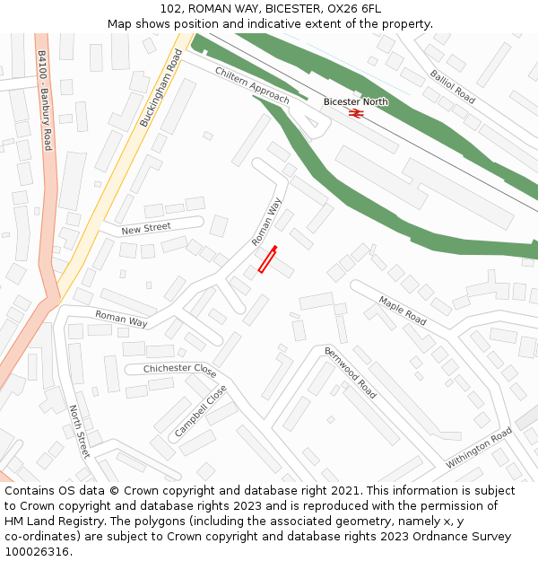 102, ROMAN WAY, BICESTER, OX26 6FL: Location map and indicative extent of plot
