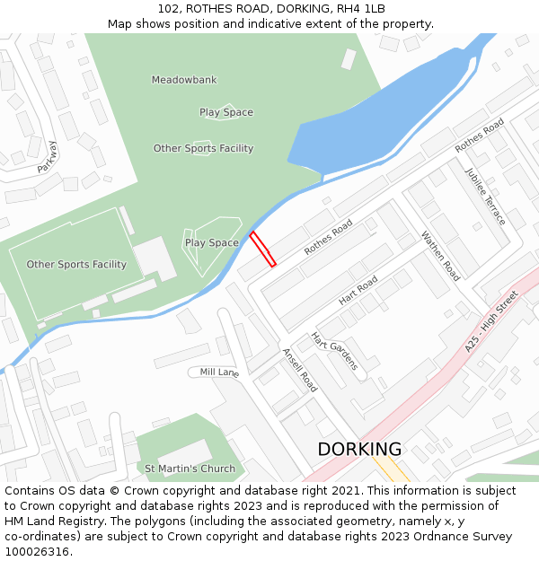 102, ROTHES ROAD, DORKING, RH4 1LB: Location map and indicative extent of plot
