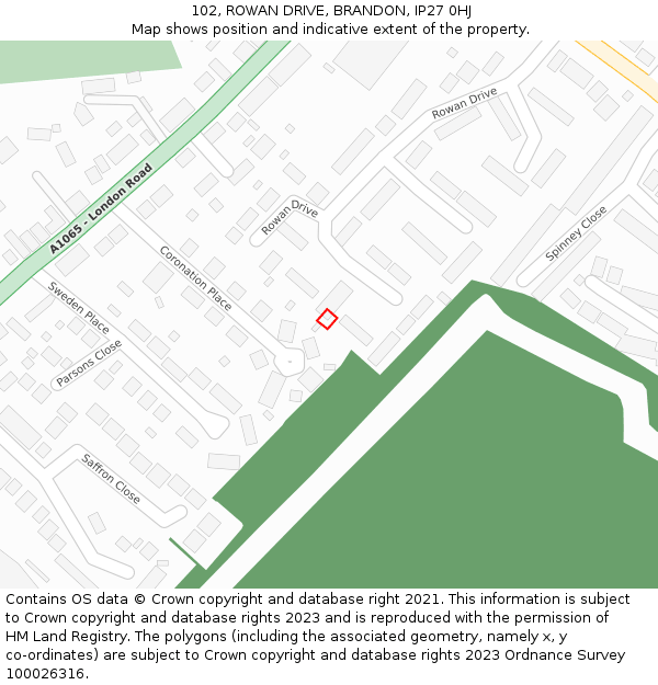 102, ROWAN DRIVE, BRANDON, IP27 0HJ: Location map and indicative extent of plot