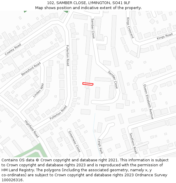 102, SAMBER CLOSE, LYMINGTON, SO41 9LF: Location map and indicative extent of plot