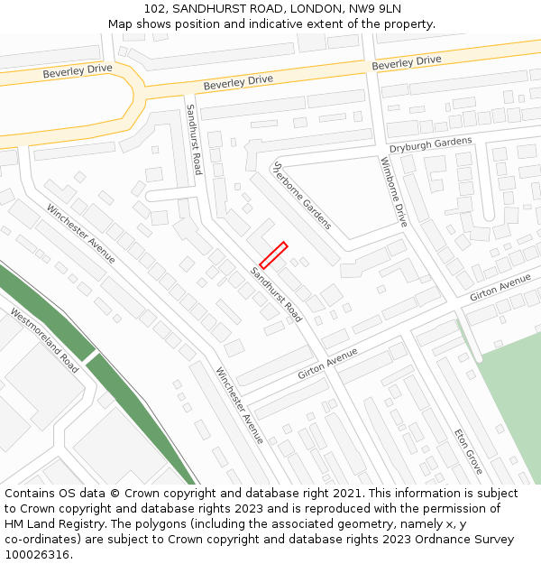 102, SANDHURST ROAD, LONDON, NW9 9LN: Location map and indicative extent of plot