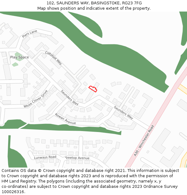102, SAUNDERS WAY, BASINGSTOKE, RG23 7FG: Location map and indicative extent of plot