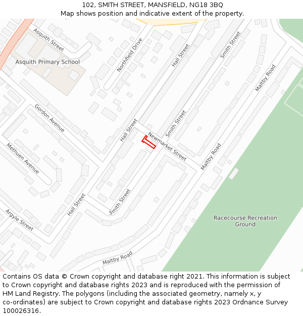 102, SMITH STREET, MANSFIELD, NG18 3BQ: Location map and indicative extent of plot
