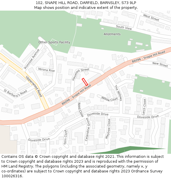102, SNAPE HILL ROAD, DARFIELD, BARNSLEY, S73 9LP: Location map and indicative extent of plot