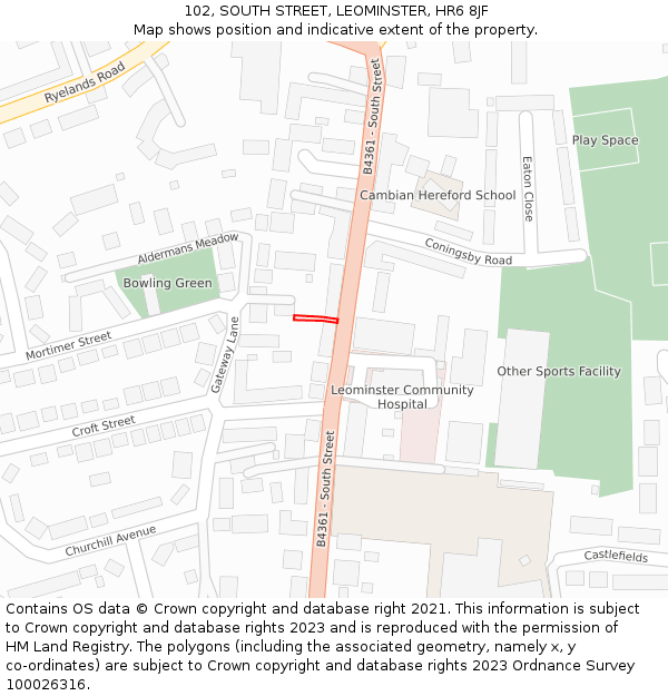 102, SOUTH STREET, LEOMINSTER, HR6 8JF: Location map and indicative extent of plot