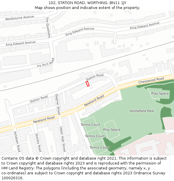 102, STATION ROAD, WORTHING, BN11 1JY: Location map and indicative extent of plot