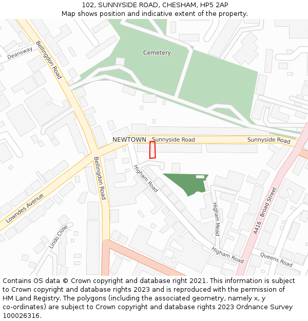 102, SUNNYSIDE ROAD, CHESHAM, HP5 2AP: Location map and indicative extent of plot