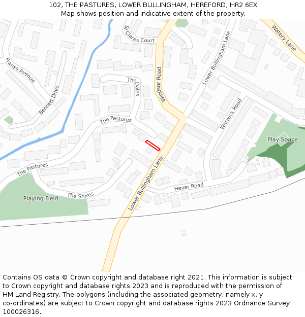 102, THE PASTURES, LOWER BULLINGHAM, HEREFORD, HR2 6EX: Location map and indicative extent of plot