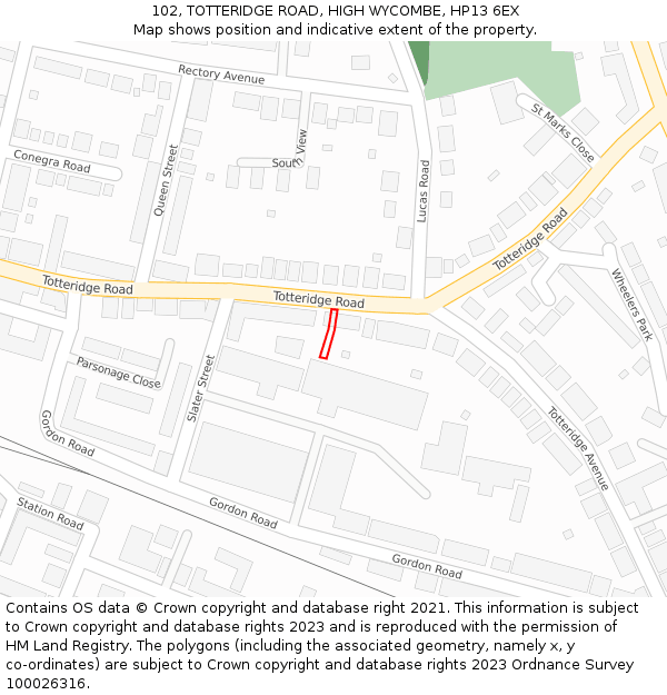 102, TOTTERIDGE ROAD, HIGH WYCOMBE, HP13 6EX: Location map and indicative extent of plot