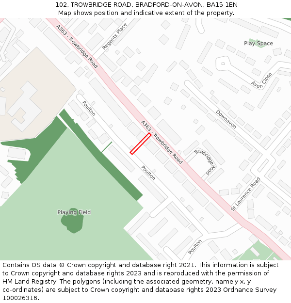 102, TROWBRIDGE ROAD, BRADFORD-ON-AVON, BA15 1EN: Location map and indicative extent of plot
