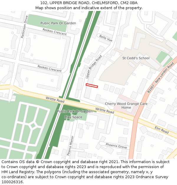 102, UPPER BRIDGE ROAD, CHELMSFORD, CM2 0BA: Location map and indicative extent of plot