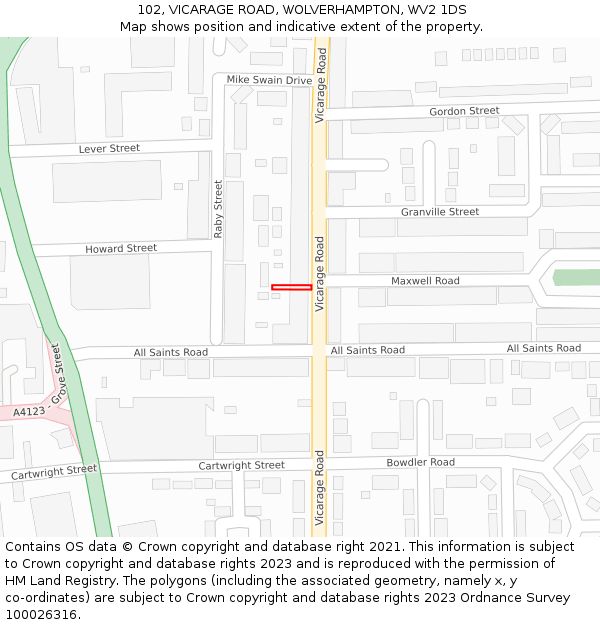 102, VICARAGE ROAD, WOLVERHAMPTON, WV2 1DS: Location map and indicative extent of plot