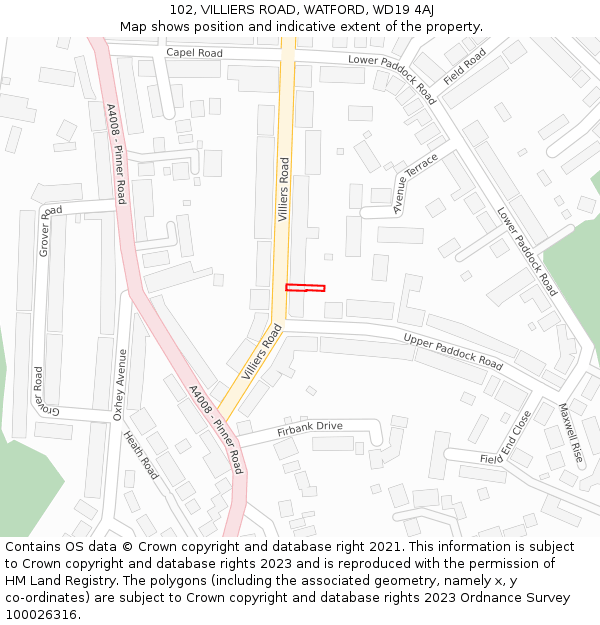 102, VILLIERS ROAD, WATFORD, WD19 4AJ: Location map and indicative extent of plot