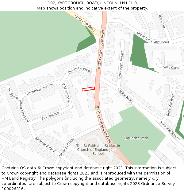 102, YARBOROUGH ROAD, LINCOLN, LN1 1HR: Location map and indicative extent of plot