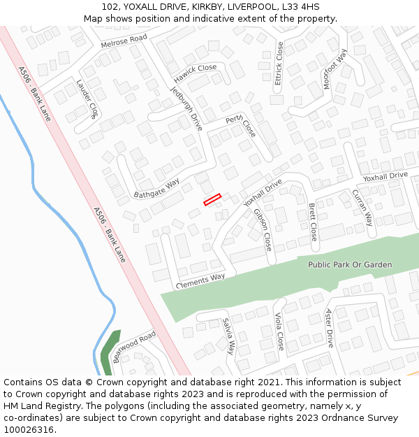 102, YOXALL DRIVE, KIRKBY, LIVERPOOL, L33 4HS: Location map and indicative extent of plot