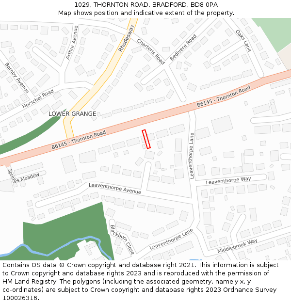 1029, THORNTON ROAD, BRADFORD, BD8 0PA: Location map and indicative extent of plot