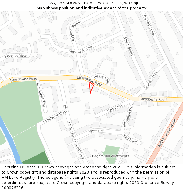 102A, LANSDOWNE ROAD, WORCESTER, WR3 8JL: Location map and indicative extent of plot