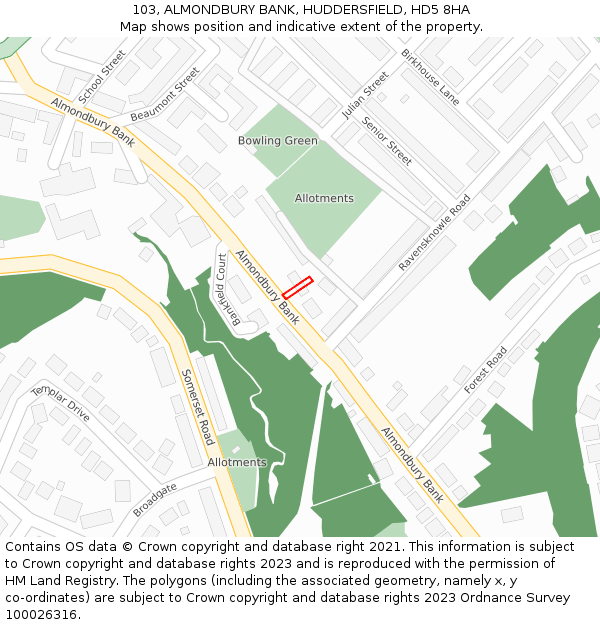 103, ALMONDBURY BANK, HUDDERSFIELD, HD5 8HA: Location map and indicative extent of plot