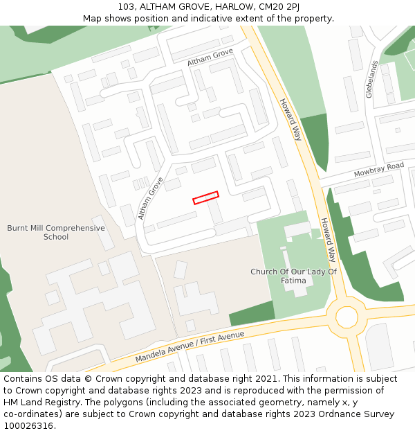 103, ALTHAM GROVE, HARLOW, CM20 2PJ: Location map and indicative extent of plot