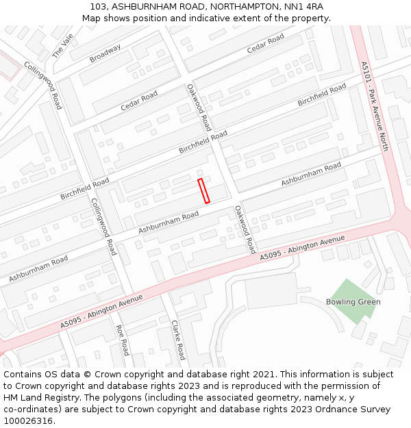 103, ASHBURNHAM ROAD, NORTHAMPTON, NN1 4RA: Location map and indicative extent of plot