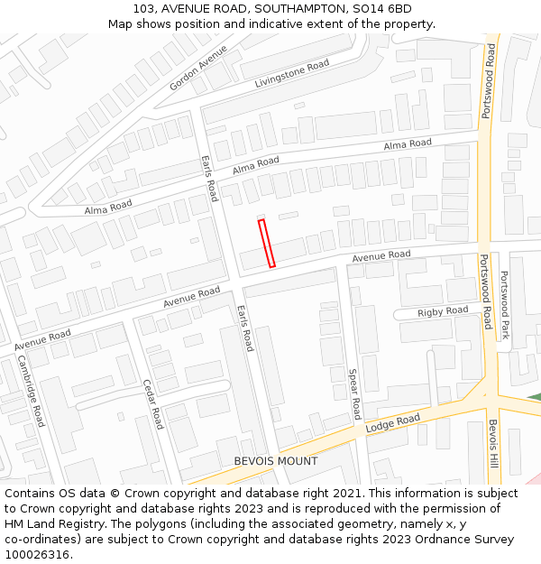 103, AVENUE ROAD, SOUTHAMPTON, SO14 6BD: Location map and indicative extent of plot