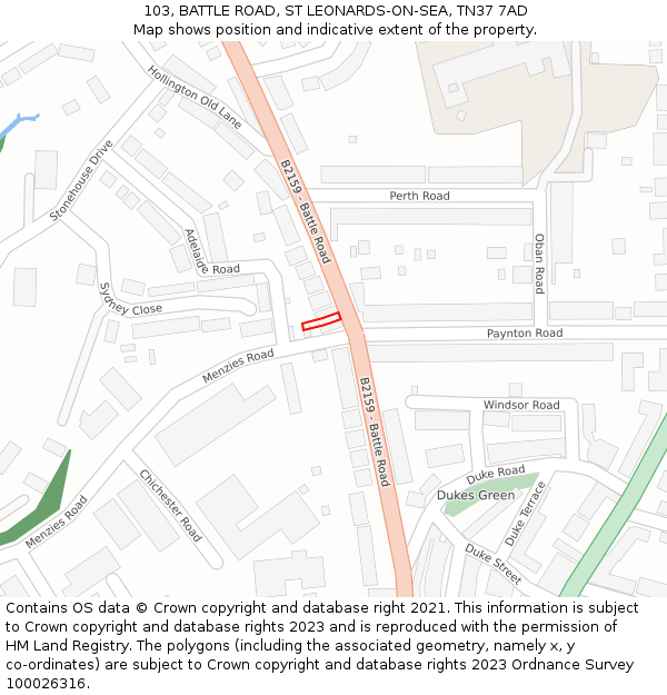 103, BATTLE ROAD, ST LEONARDS-ON-SEA, TN37 7AD: Location map and indicative extent of plot