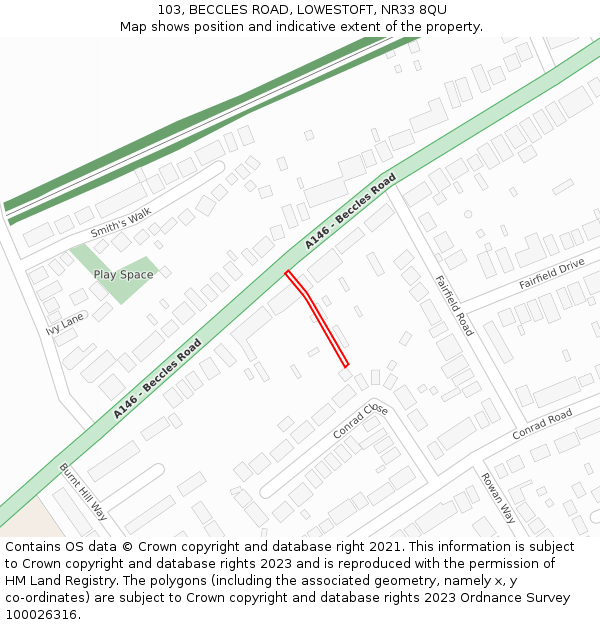 103, BECCLES ROAD, LOWESTOFT, NR33 8QU: Location map and indicative extent of plot