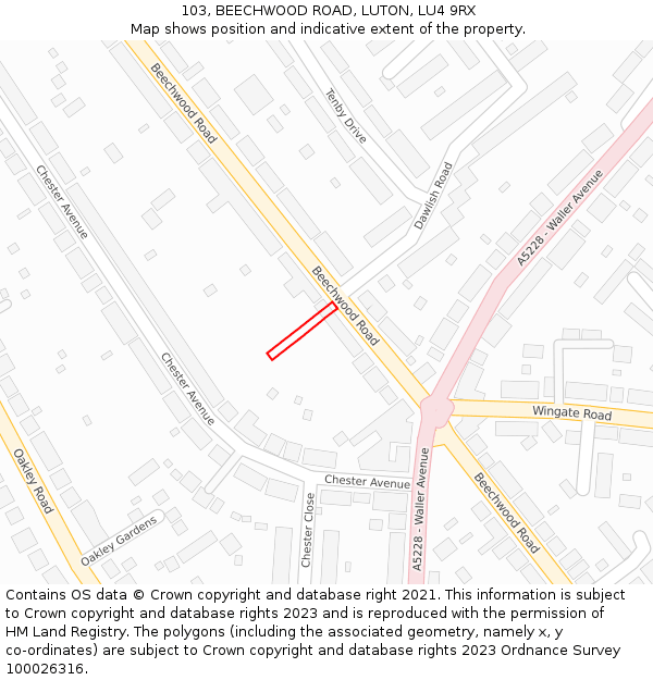 103, BEECHWOOD ROAD, LUTON, LU4 9RX: Location map and indicative extent of plot