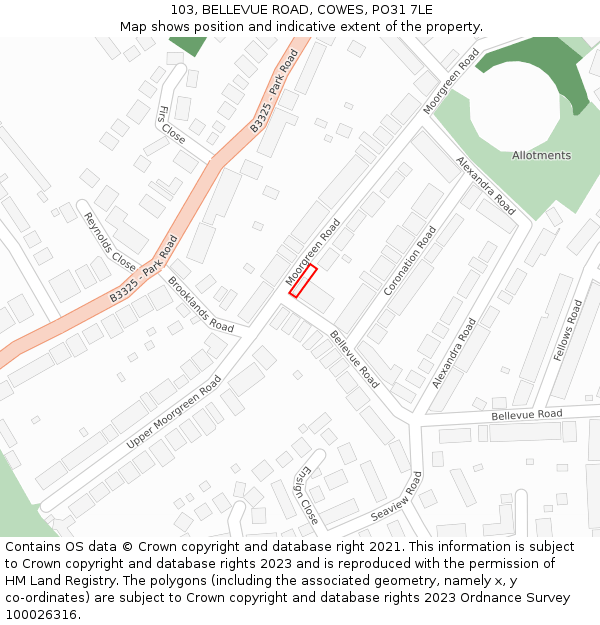 103, BELLEVUE ROAD, COWES, PO31 7LE: Location map and indicative extent of plot