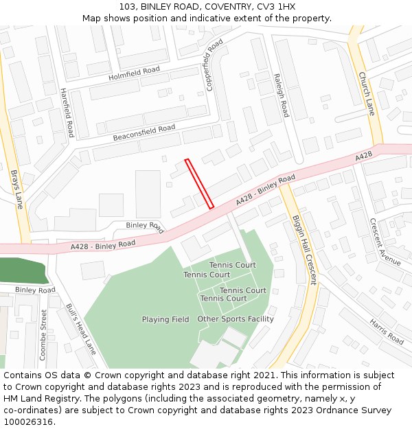 103, BINLEY ROAD, COVENTRY, CV3 1HX: Location map and indicative extent of plot