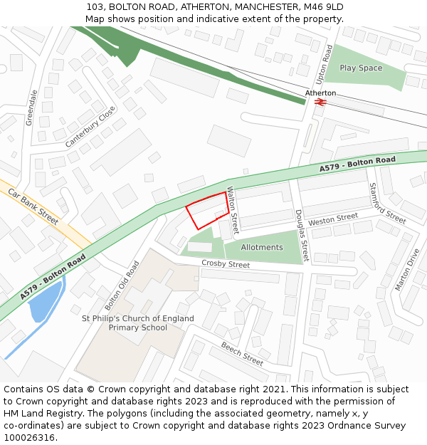103, BOLTON ROAD, ATHERTON, MANCHESTER, M46 9LD: Location map and indicative extent of plot