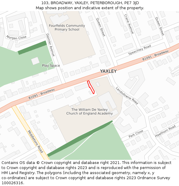 103, BROADWAY, YAXLEY, PETERBOROUGH, PE7 3JD: Location map and indicative extent of plot