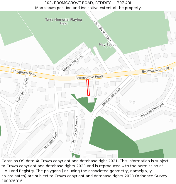 103, BROMSGROVE ROAD, REDDITCH, B97 4RL: Location map and indicative extent of plot