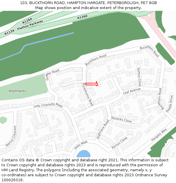 103, BUCKTHORN ROAD, HAMPTON HARGATE, PETERBOROUGH, PE7 8GB: Location map and indicative extent of plot