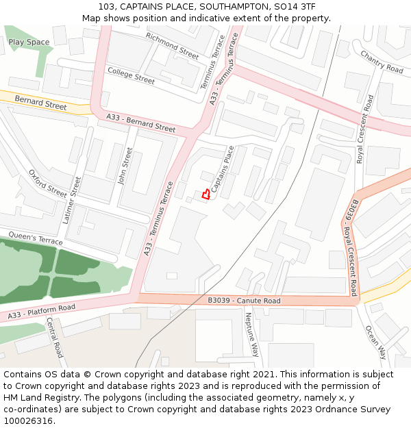 103, CAPTAINS PLACE, SOUTHAMPTON, SO14 3TF: Location map and indicative extent of plot