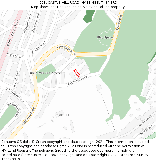 103, CASTLE HILL ROAD, HASTINGS, TN34 3RD: Location map and indicative extent of plot