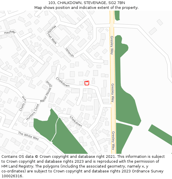 103, CHALKDOWN, STEVENAGE, SG2 7BN: Location map and indicative extent of plot