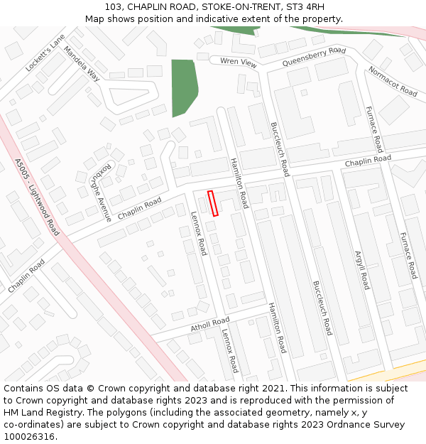 103, CHAPLIN ROAD, STOKE-ON-TRENT, ST3 4RH: Location map and indicative extent of plot
