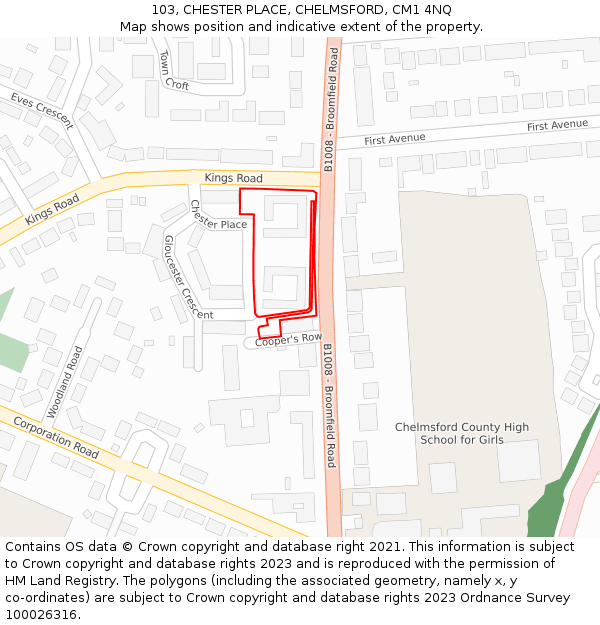 103, CHESTER PLACE, CHELMSFORD, CM1 4NQ: Location map and indicative extent of plot