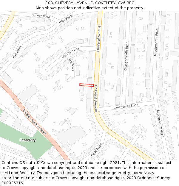 103, CHEVERAL AVENUE, COVENTRY, CV6 3EG: Location map and indicative extent of plot
