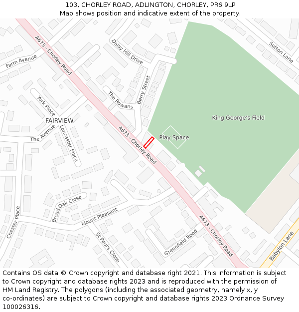 103, CHORLEY ROAD, ADLINGTON, CHORLEY, PR6 9LP: Location map and indicative extent of plot