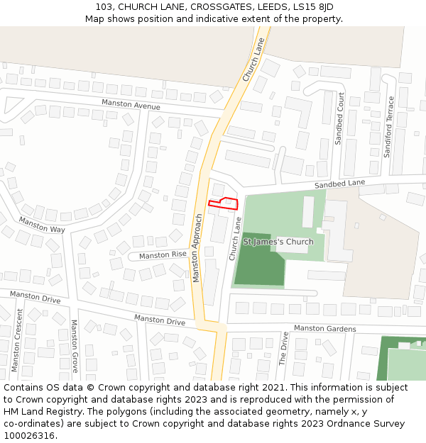 103, CHURCH LANE, CROSSGATES, LEEDS, LS15 8JD: Location map and indicative extent of plot