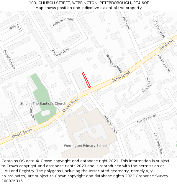 103, CHURCH STREET, WERRINGTON, PETERBOROUGH, PE4 6QF: Location map and indicative extent of plot