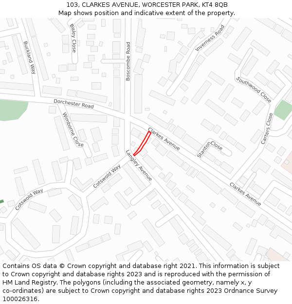 103, CLARKES AVENUE, WORCESTER PARK, KT4 8QB: Location map and indicative extent of plot