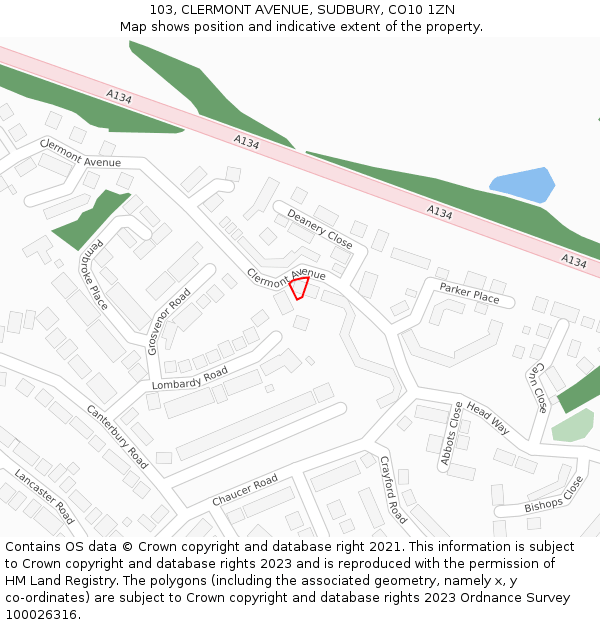 103, CLERMONT AVENUE, SUDBURY, CO10 1ZN: Location map and indicative extent of plot