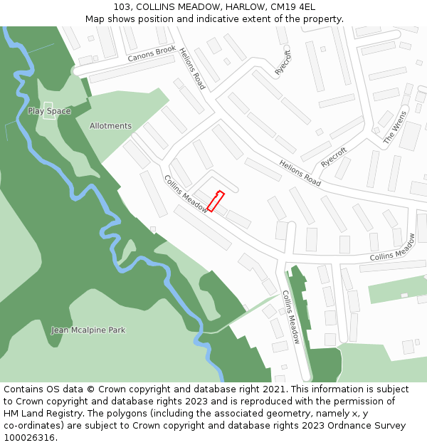 103, COLLINS MEADOW, HARLOW, CM19 4EL: Location map and indicative extent of plot