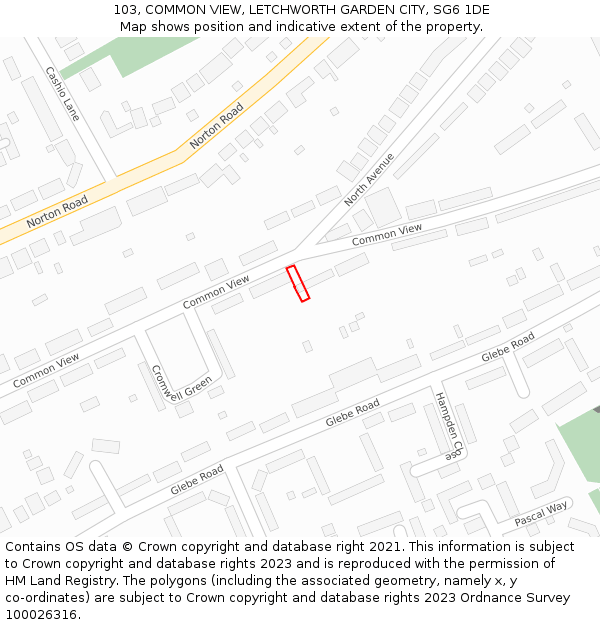 103, COMMON VIEW, LETCHWORTH GARDEN CITY, SG6 1DE: Location map and indicative extent of plot