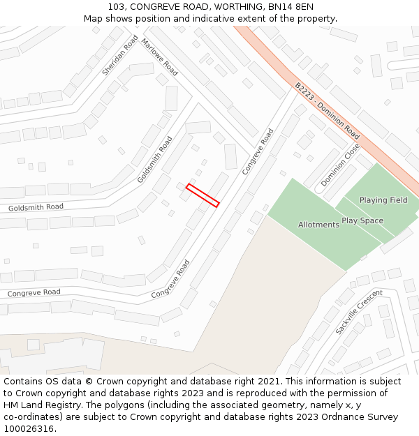 103, CONGREVE ROAD, WORTHING, BN14 8EN: Location map and indicative extent of plot