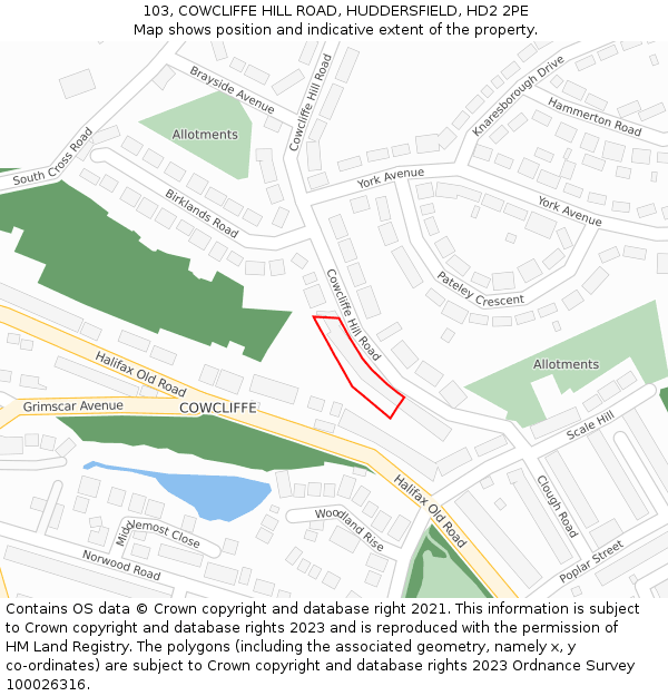 103, COWCLIFFE HILL ROAD, HUDDERSFIELD, HD2 2PE: Location map and indicative extent of plot